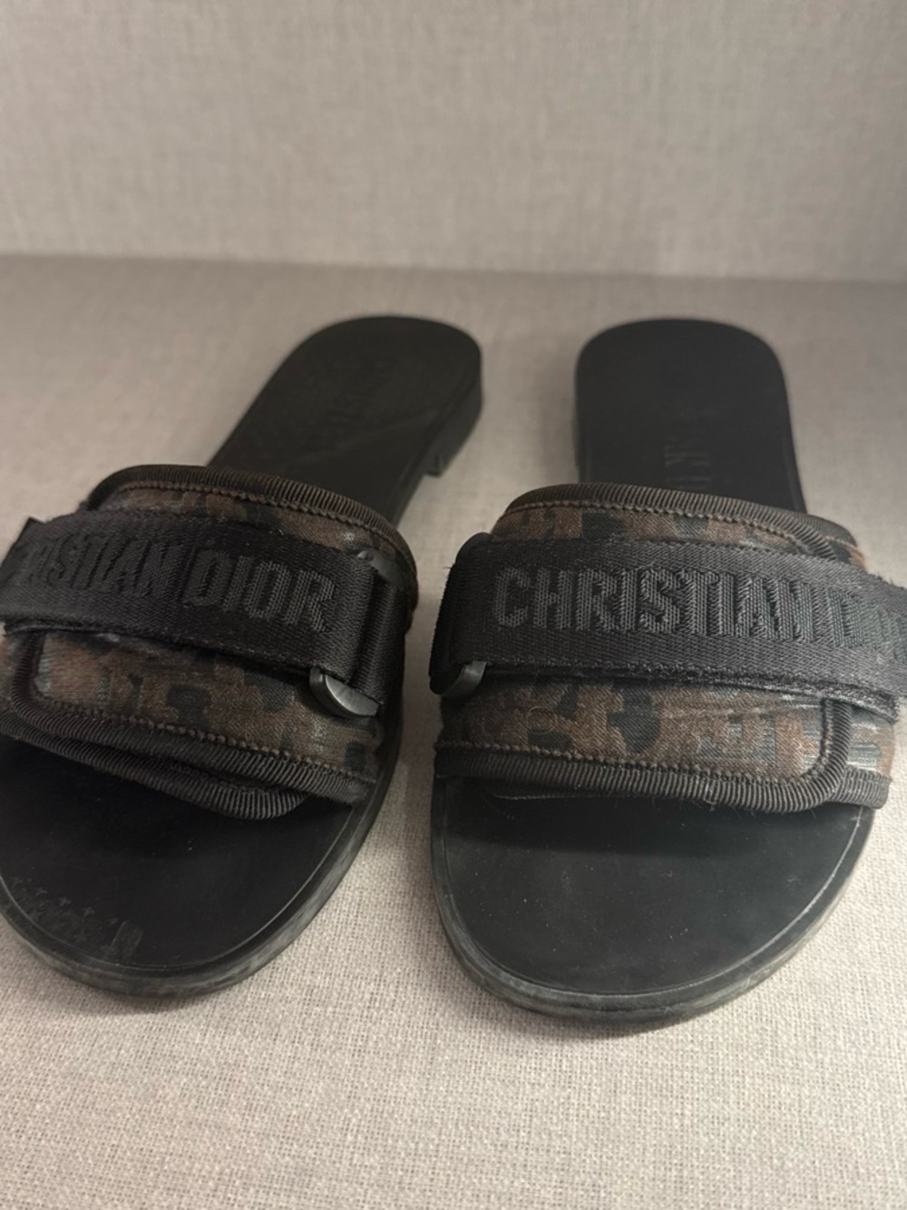Dior Black Men’s Logo Slide Sandals with Dark Camouflage Straps